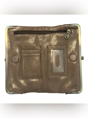 HOBO Lauren Leather Frame Wallet Clutch Taupe Bronze Kiss Lock Organizer